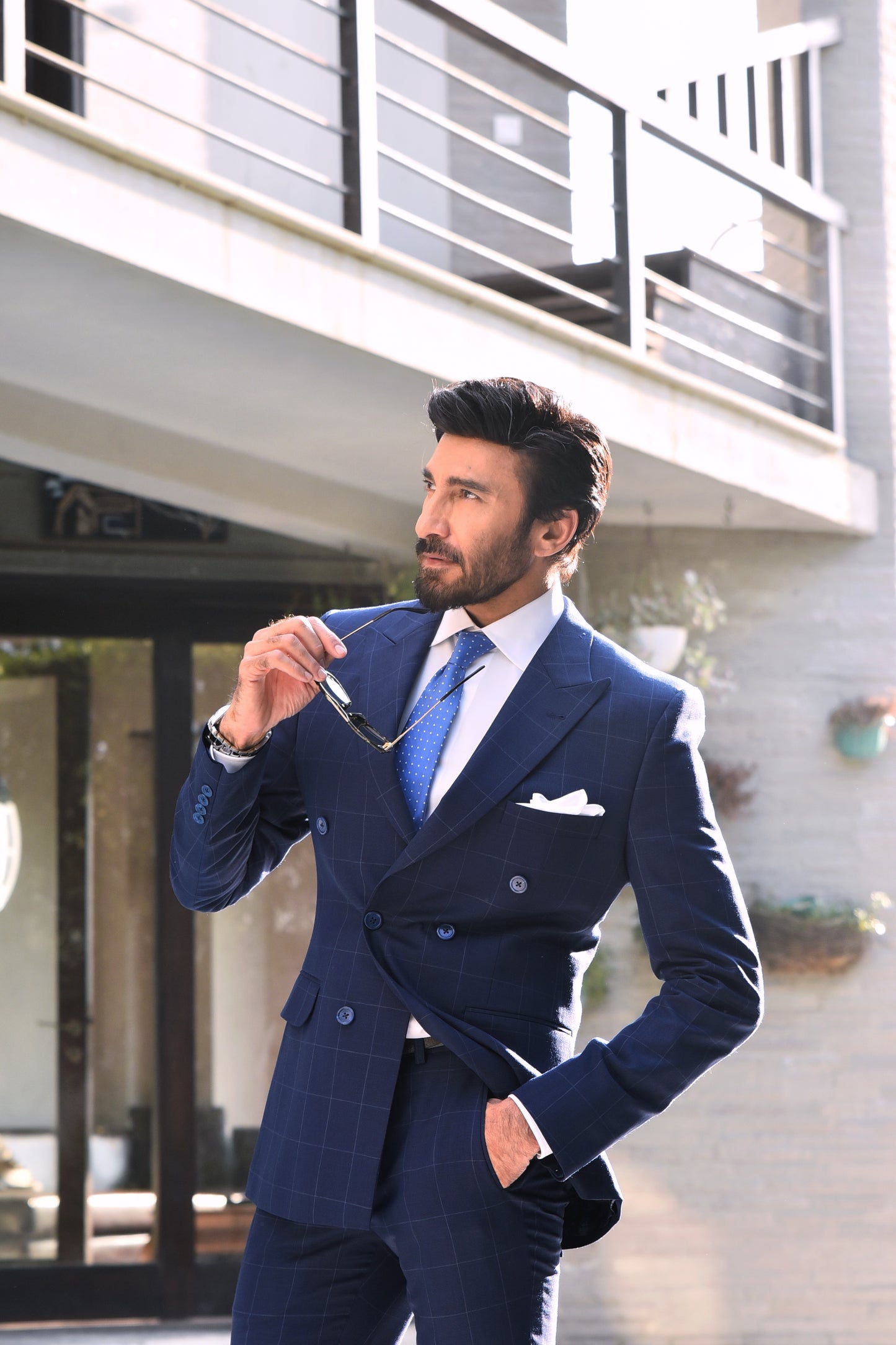 AA Double Breasted Blue Bespoke Check Suit