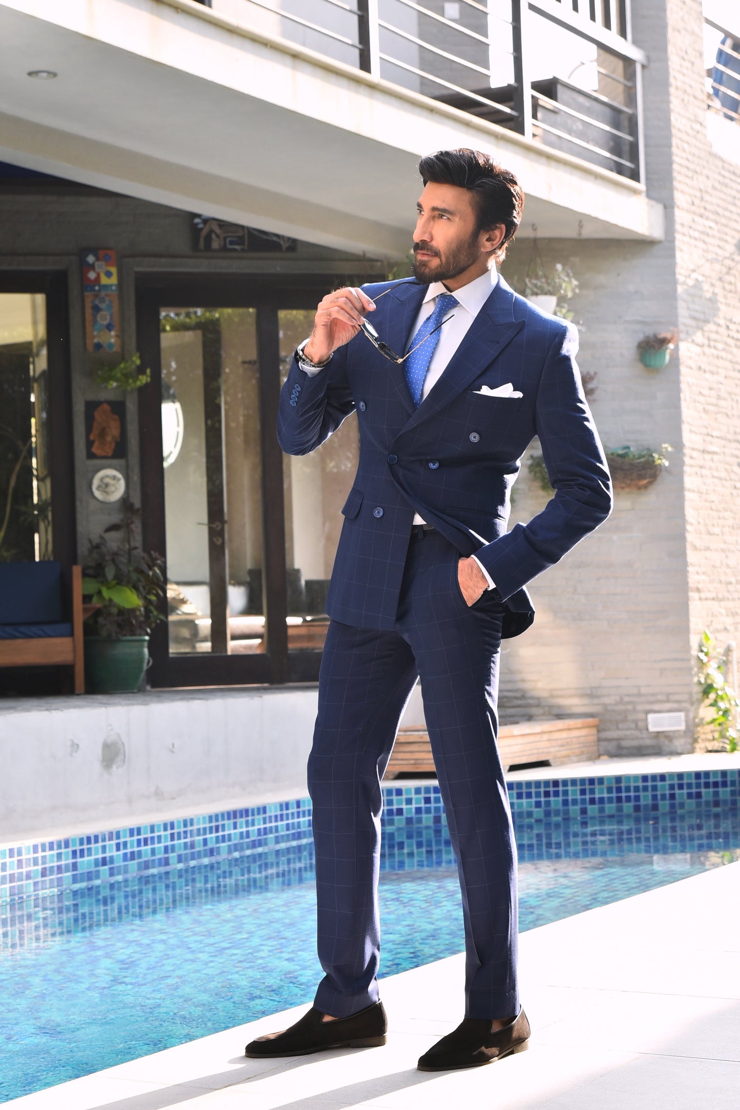 AA Double Breasted Blue Bespoke Check Suit